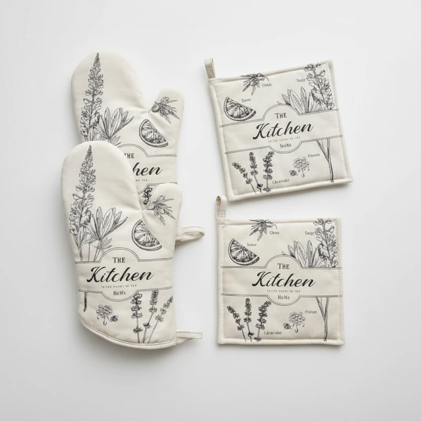 Kitchen Botanical Oven Mitt and Pot Holder 3-Piece Set Heat Resistant Black Cream Kitchen & Dining Oven Mitts & Pot Holders