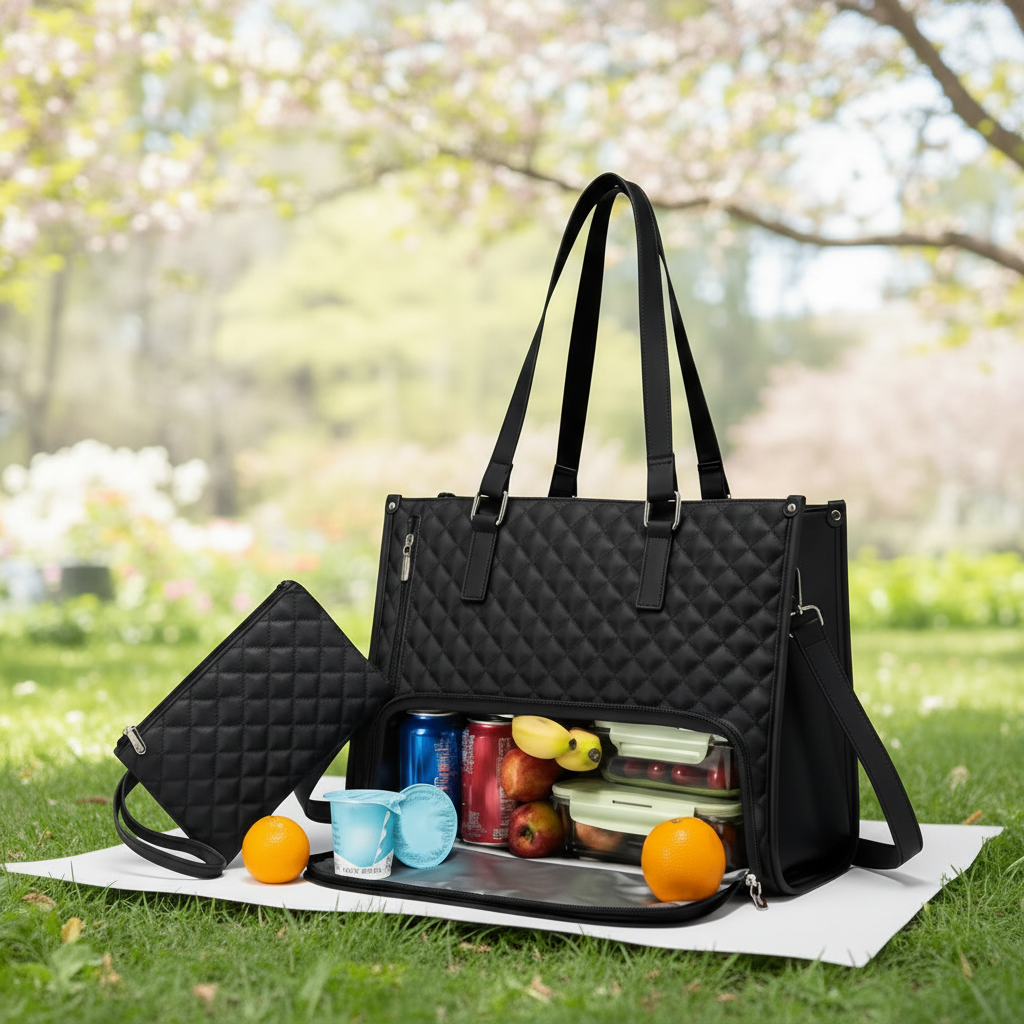 Quilted Large Capacity 15.6" Business Laptop Tote Bag with Insulated Lunch Compartment