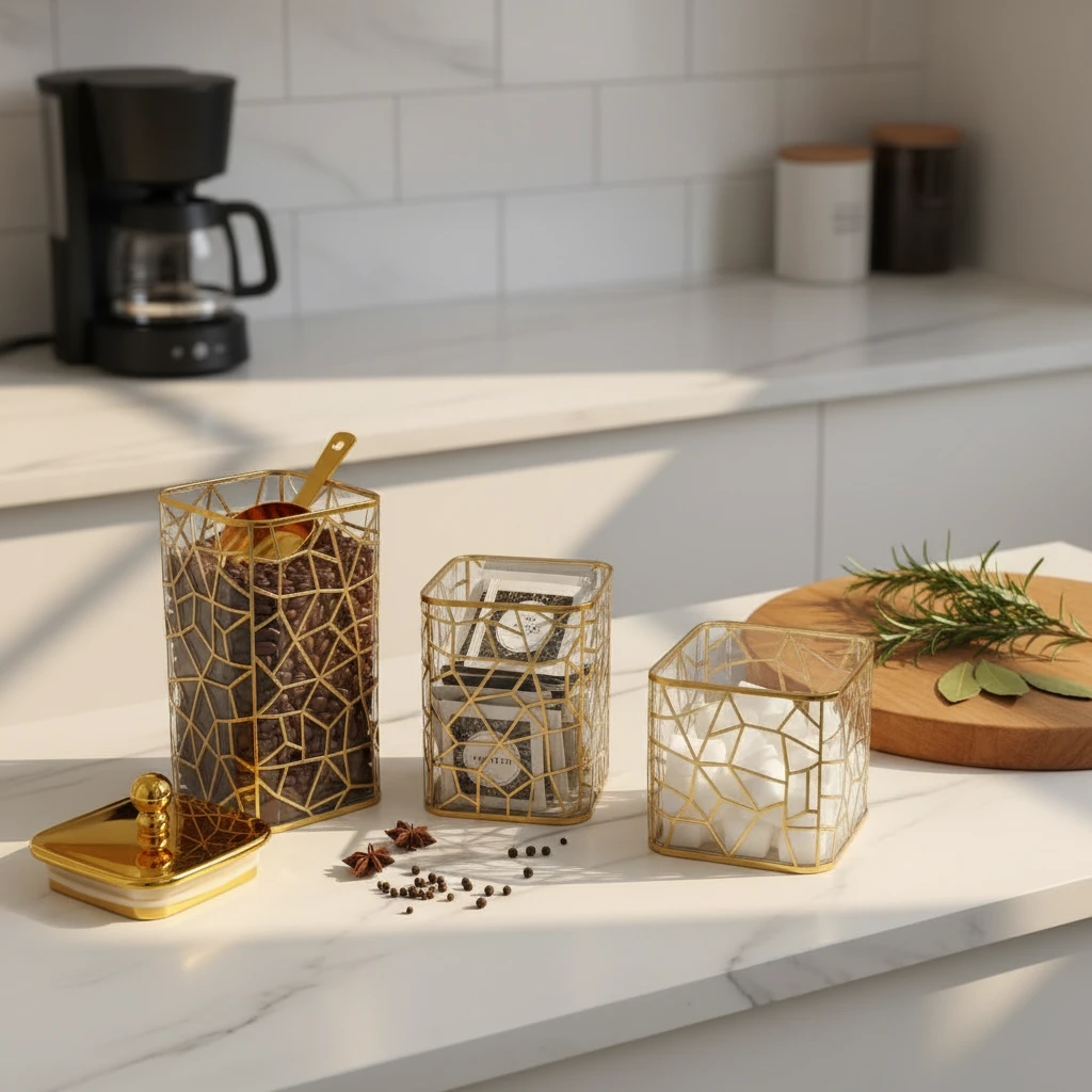 3-Piece Gold Geometric Acrylic Storage Jar Set Clear Square Round Home & Garden Decorative Jars