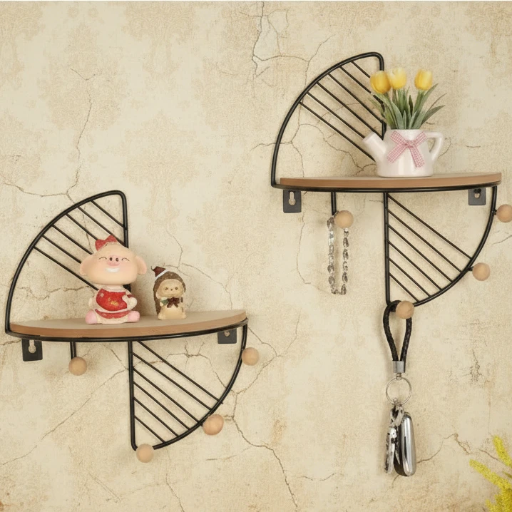 Set of 2 Nordic Half-Moon Floating Wall Shelves Wood Wire Frame 3 Peg Hooks Black Gold Home & Garden Floating Wall Shelves & Ledges