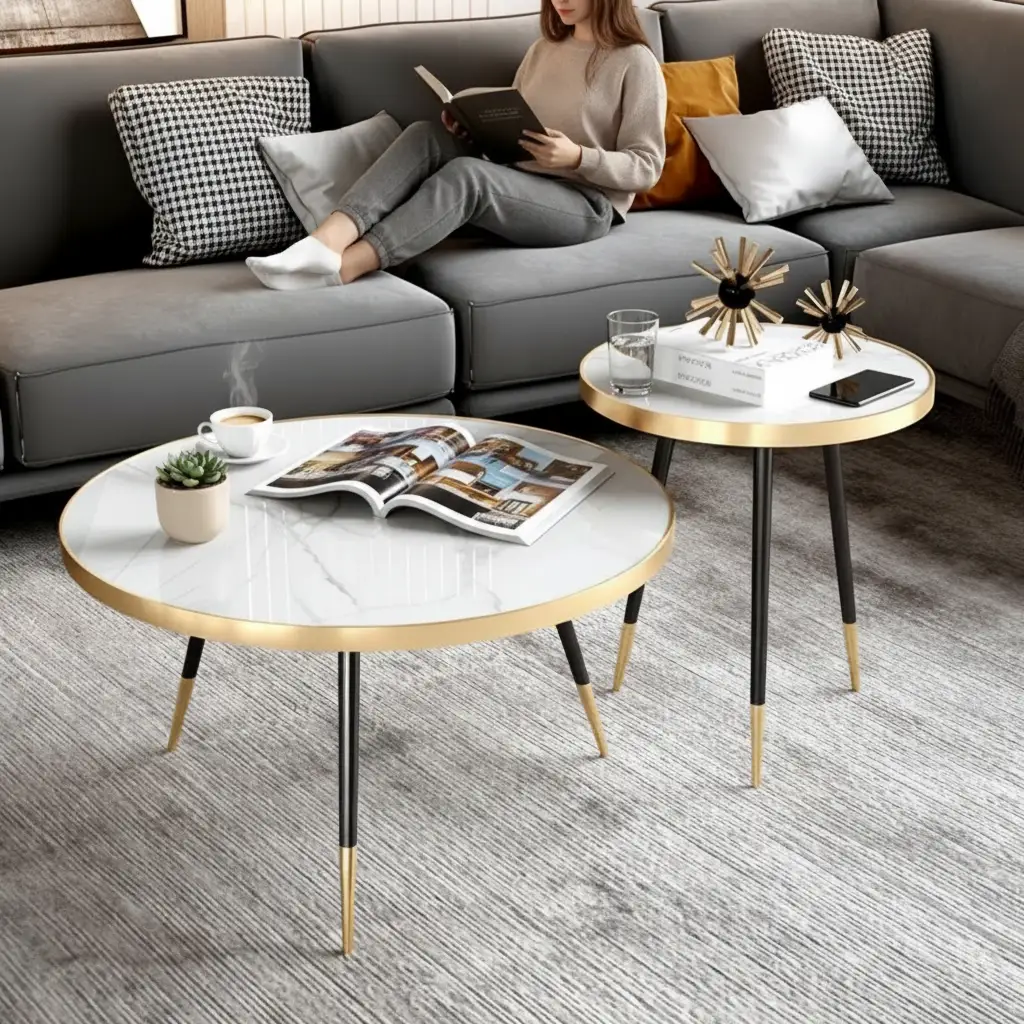 Coffee Table Set - 2-in-1 Marble Top Round with Gold Black Legs White Black Furniture Coffee Tables