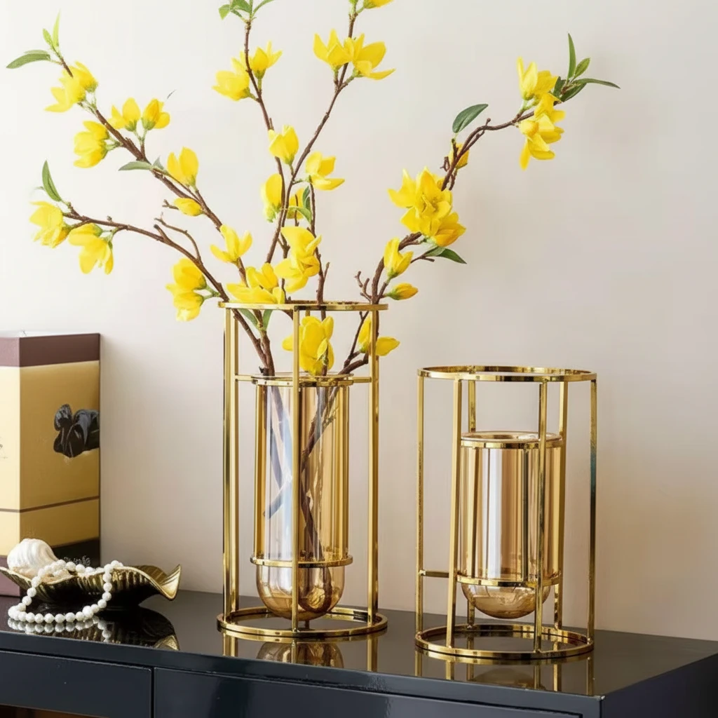 Nordic Gold Frame Glass Vase with Stand Circular Design Home & Garden Vases