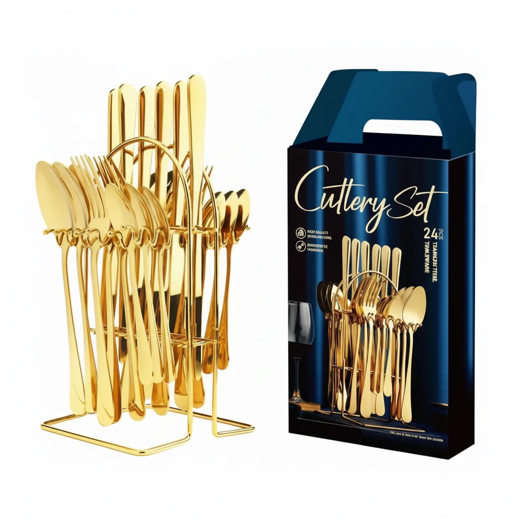 24-Piece Gold Cutlery Set with Stand Stainless Steel Kitchen & Dining Flatware Sets