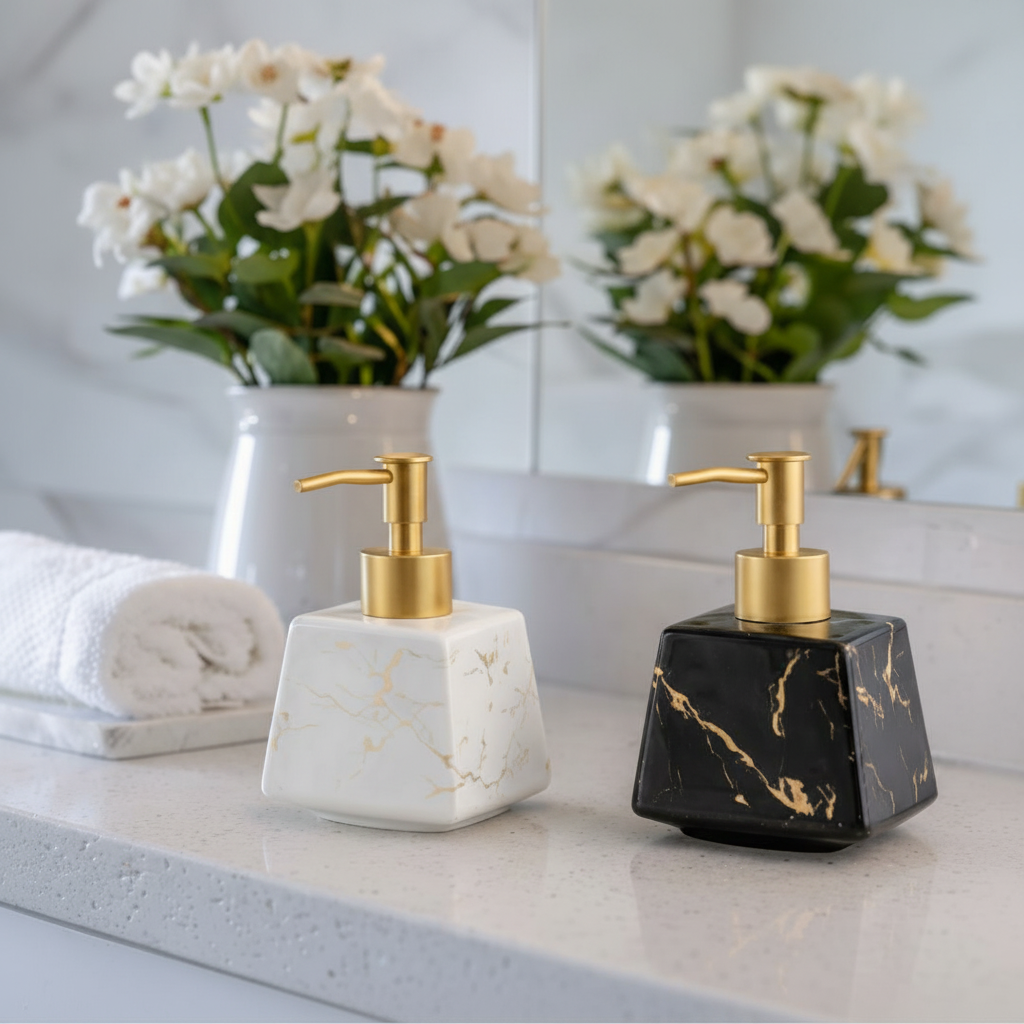 Ceramic Soap Dispenser - 350ml Marble with Gold Pump