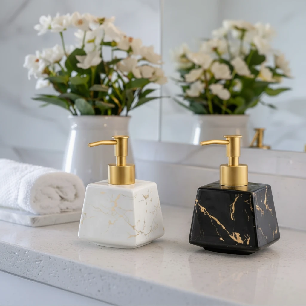 Ceramic Soap Dispenser - 350ml Marble with Gold Pump Home & Garden Soap & Lotion Dispensers