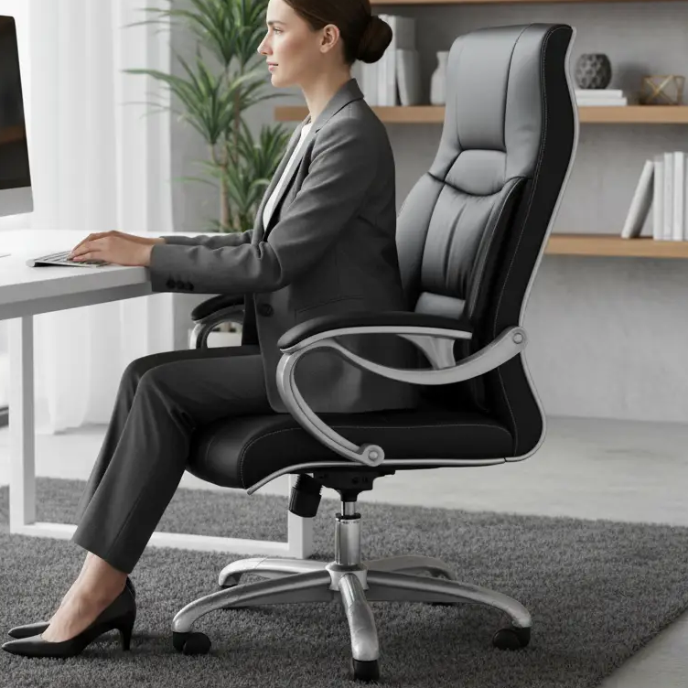 Executive Chair -High Back PU Leather with Silver Frame and Wheels Furniture Office Chairs
