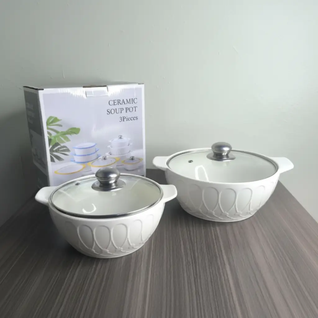 Serving Bowl Set - 2-Piece Ceramic 2L and 3L with Glass Lids White Embossed Kitchen & Dining Serving Platters