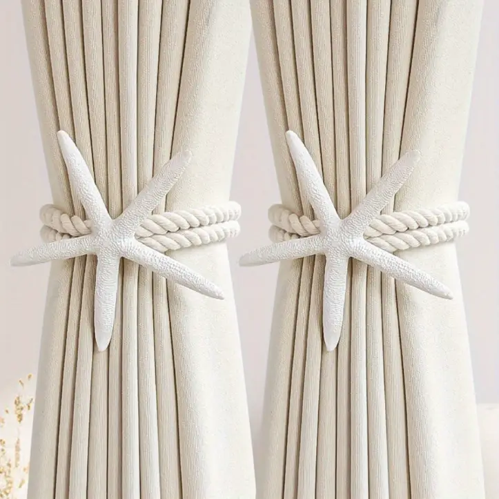 Curtain Tiebacks - Pair Boho Starfish Resin Cotton Rope 60cm Adjustable Drapery Holder White Home Decor Curtain Tiebacks