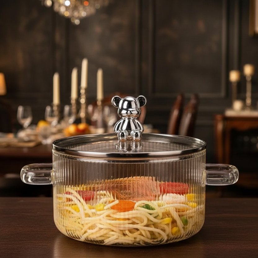 2L Borosilicate Glass Pot with Bear Lid and Dual Handles