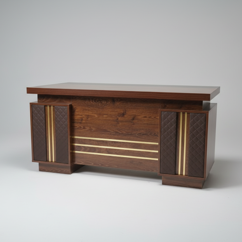 Executive Desk - 1.4m Brown Wood with Gold Accent Stripes