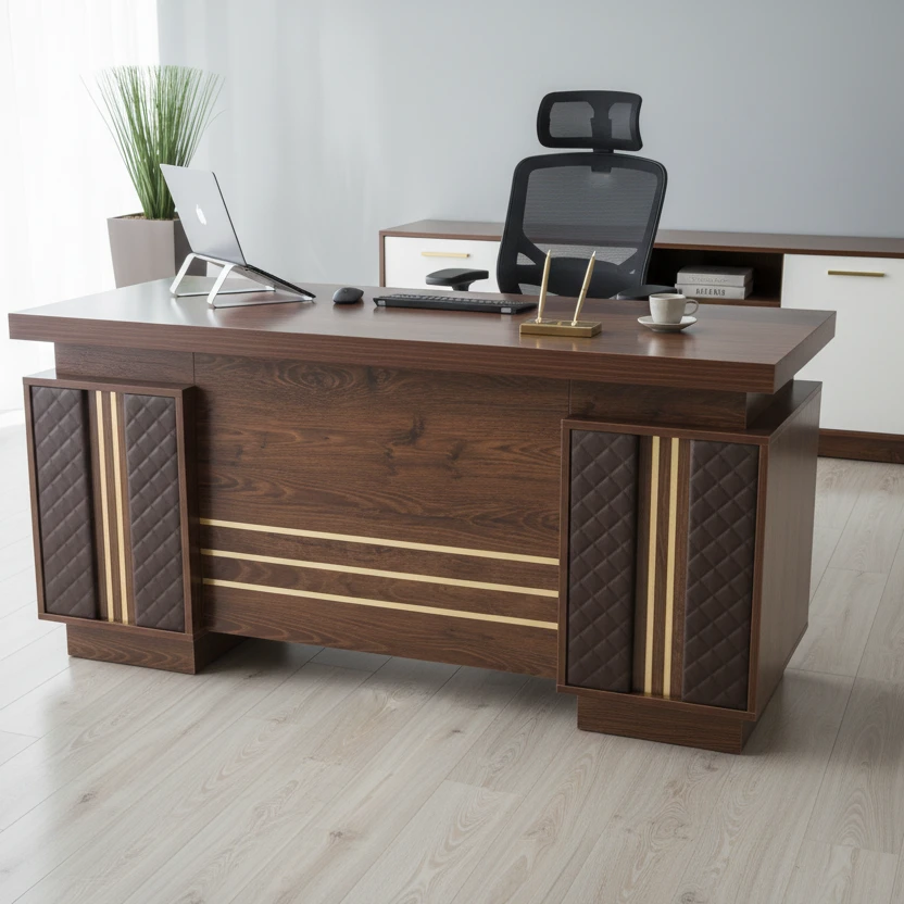 Executive Desk - 1.4m Brown Wood with Gold Accent Stripes Furniture Desks
