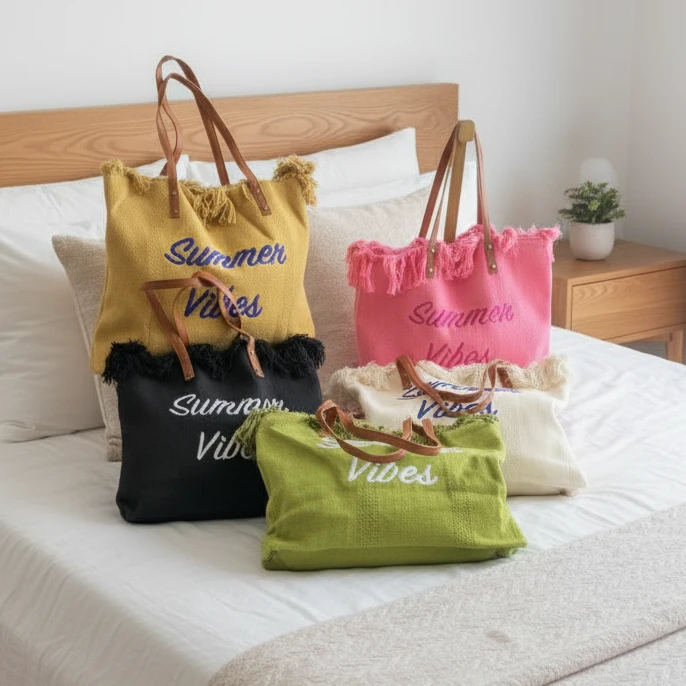 Summer Vibes Beach Tote Bag with Tassel Detail and Leather Handles Bags & Accessories Beach Bags