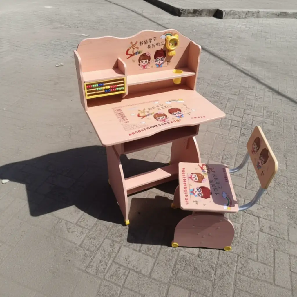 Kids Study Desk and Chair Set - Abacus Shelf Cartoon Design Blue Natural Wood Furniture Office Furniture Sets