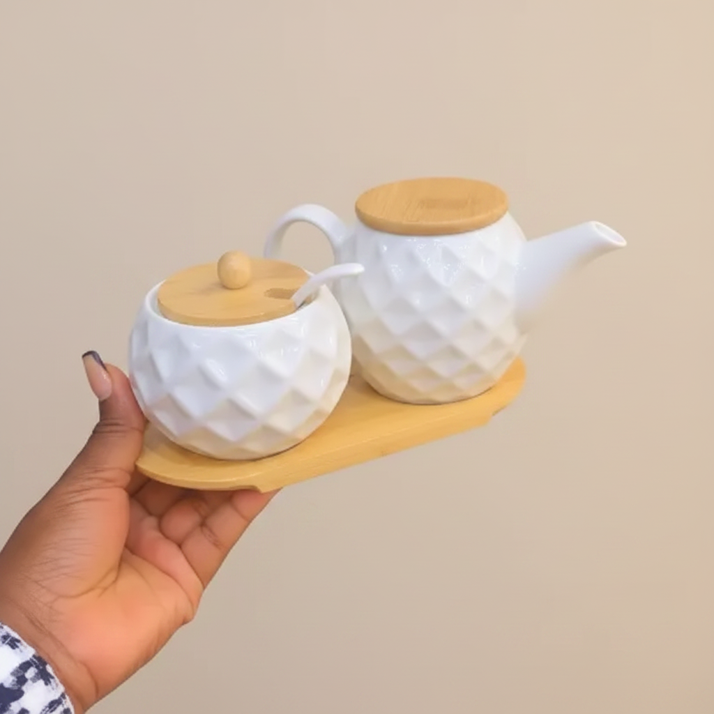 Tea Set - 3-Piece Diamond Textured Ceramic Teapot 500ml Sugar Bowl 300ml with Bamboo Lids and Tray White Kitchen & Dining Tea Sets