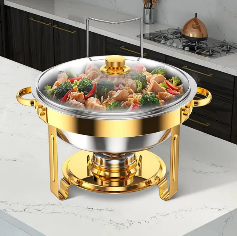 Round Stainless Steel Chafing Dish 5L with Gold Accents and Glass Lid Kitchen & Dining Chafing Dishes