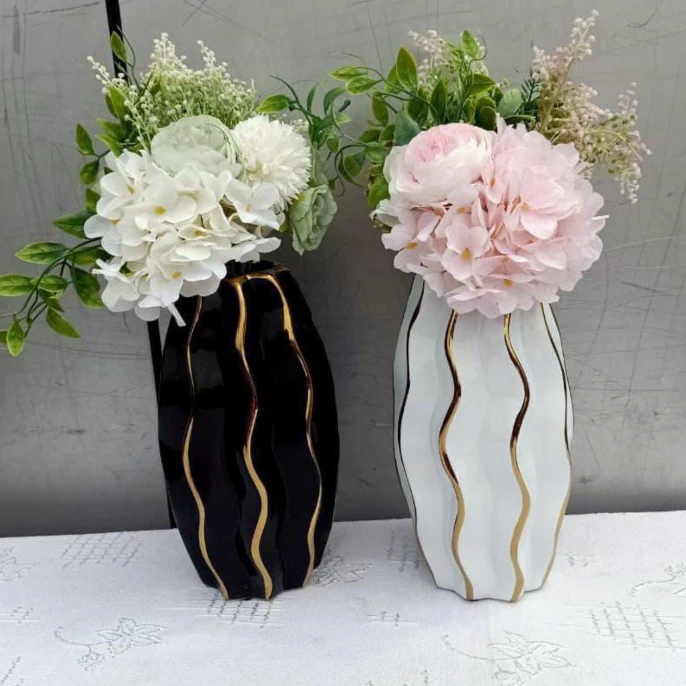 Vase - Unique Ceramic Flower with Gold Wave Design Home Decor Vases