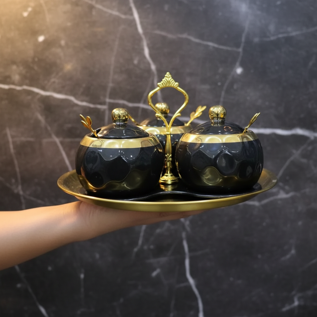 Seasoning Jar Set - Nordic Luxury Ceramic 3-Piece Black Gold Round with Tray Spoons Kitchen & Dining Food Storage Containers
