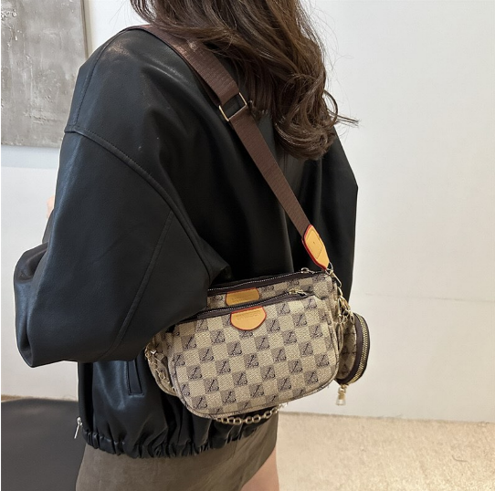 Evanna Women's Crossbody Bag Monogram Pattern Beige Brown with Studded Detail