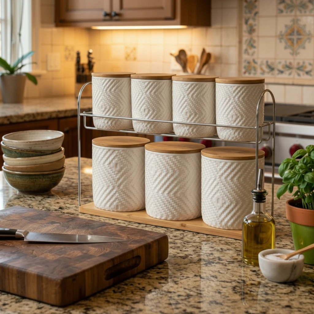 Luxury 8-Piece Ceramic Canister Set with Bamboo Lids and Tray 7 Canisters Kitchen Storage Kitchen & Dining Food Storage Containers