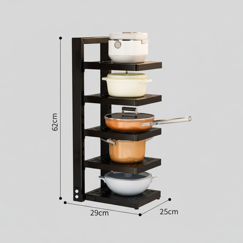Multi-Layer Pot Storage Rack Vertical Tower 5-Tier Adjustable Pan Holders 62cm