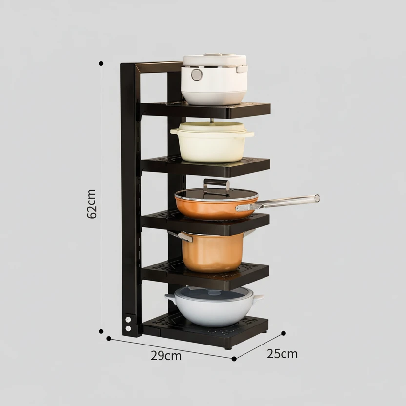 Multi-Layer Pot Storage Rack Vertical Tower 5-Tier Adjustable Pan Holders 62cm Kitchen & Dining Pot Racks