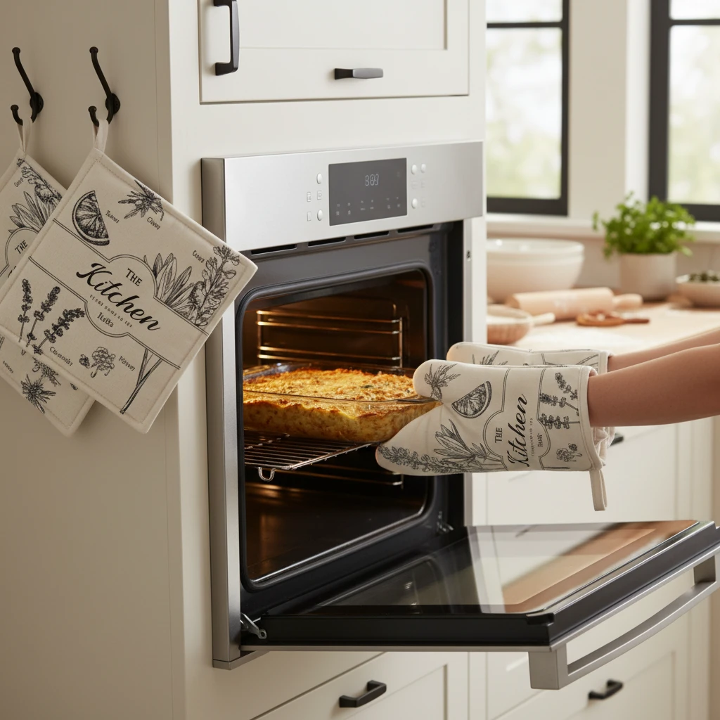 Kitchen Botanical Oven Mitt and Pot Holder 3-Piece Set Heat Resistant Black Cream Kitchen & Dining Oven Mitts & Pot Holders
