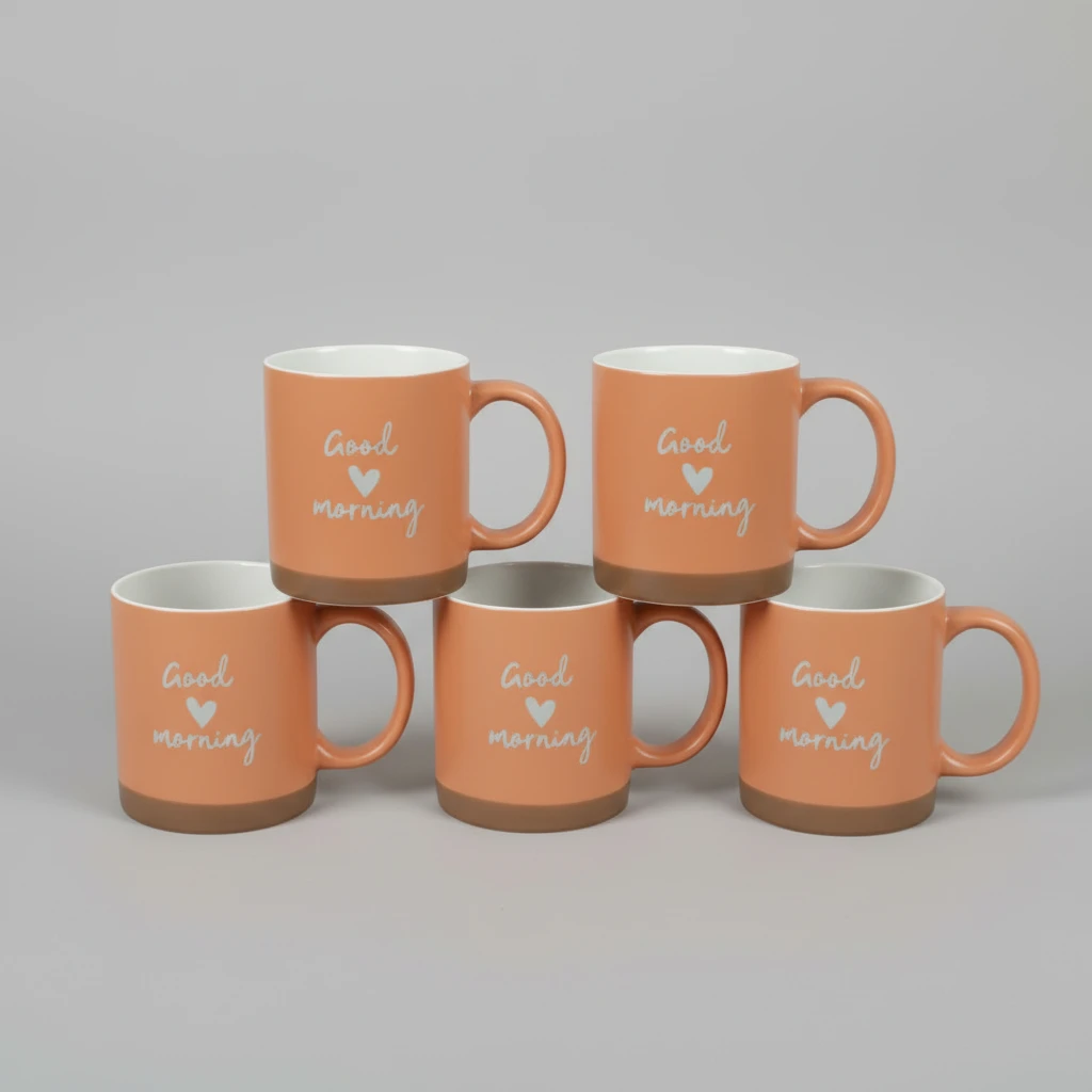 6-Piece Ceramic Mug Set Peach Good Morning with White Interior Kitchen & Dining Mugs