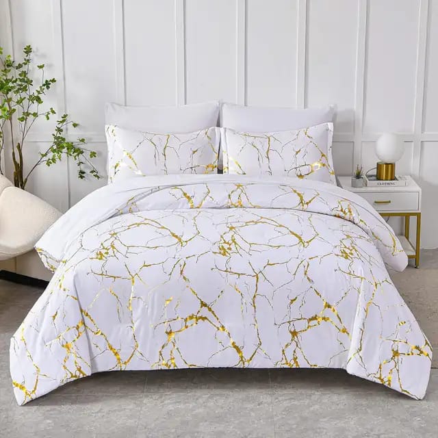 White Marble Printed 3-Piece Luxury Microfiber Down Comforter Quilt Cover Set with Zipper Closure