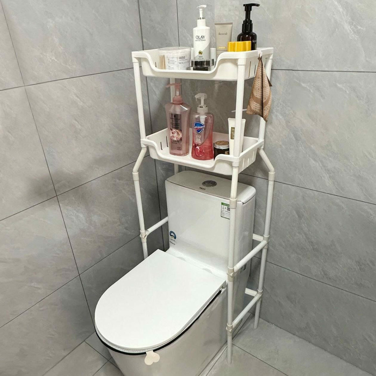 Over-the-Toilet Bathroom Organizer with Storage Basket – PP and Stainless Steel Space-Saving Rack