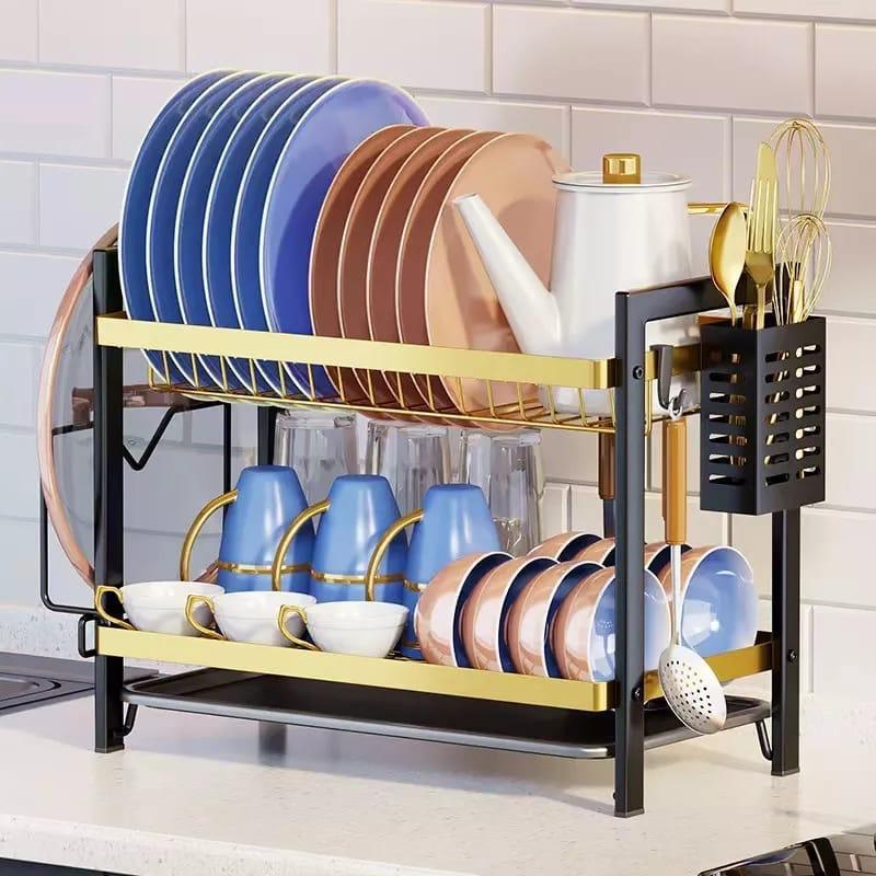 2 Tier Dish Rack Black and Gold Kitchen Organiser
