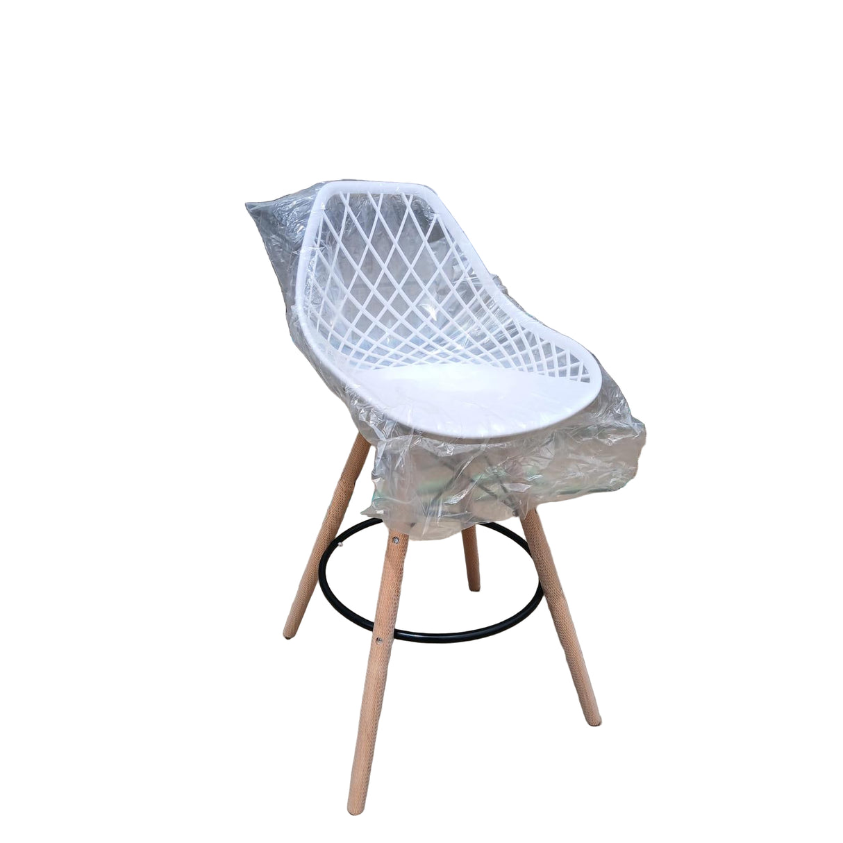 Modern Nordic High Bar Stool with Wooden Legs and White Lattice Plastic Seat – Elegant and Comfortable Counter Chair