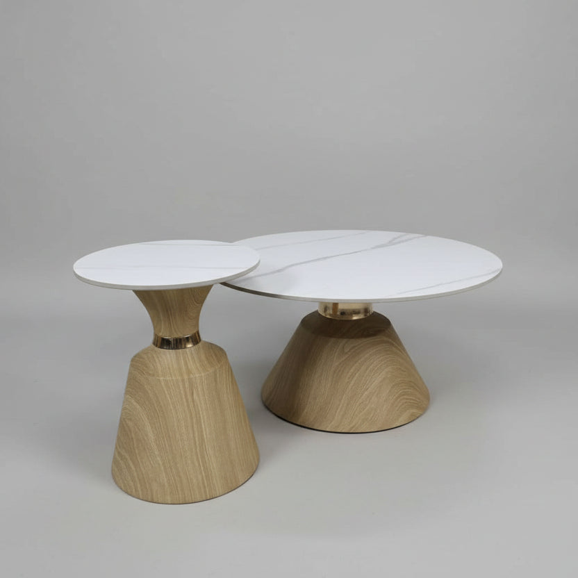 2 in 1 Modern Marble Round Coffee Table with Brown Base