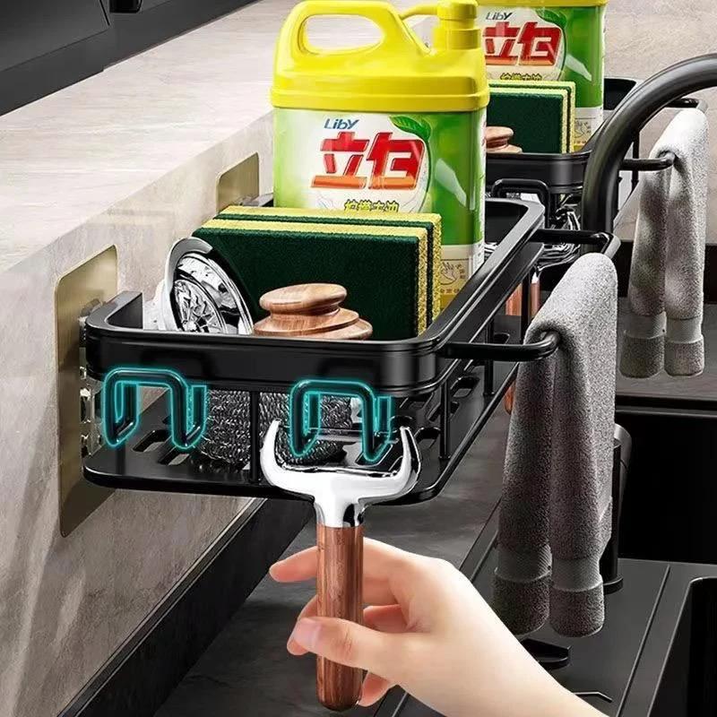 Multipurpose Sink Caddy with Draining Tray and Towel Hook – Kitchen & Bathroom Organizer sink caddies in kitchen Sink Caddies