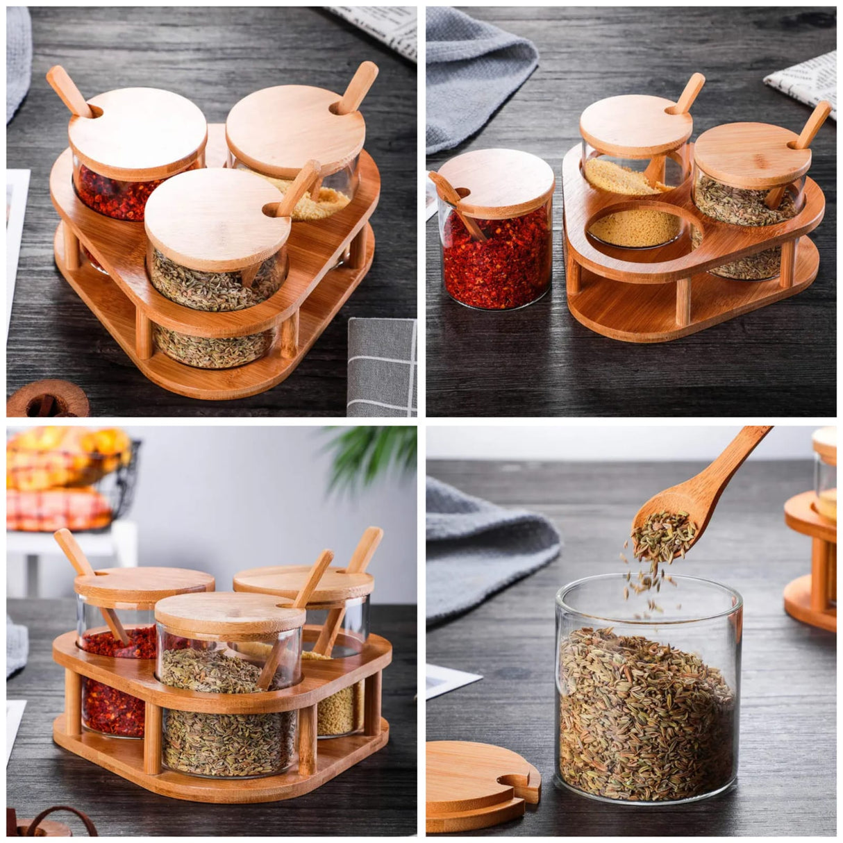 3-Piece Glass Spice Containers (15oz) with Bamboo Holder – Elegant Kitchen Storage Set