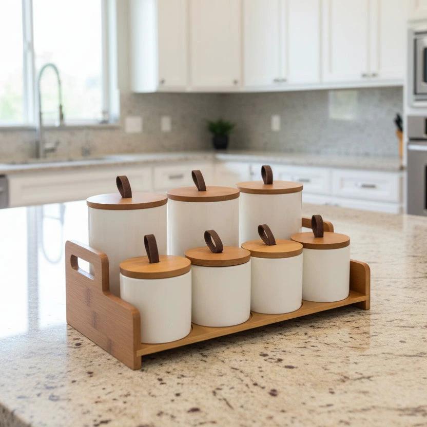 7-Piece Ceramic Canisters Set with Bamboo Stand – 500ml & 300ml Kitchen Storage Jars food storage containers Food Storage Containers