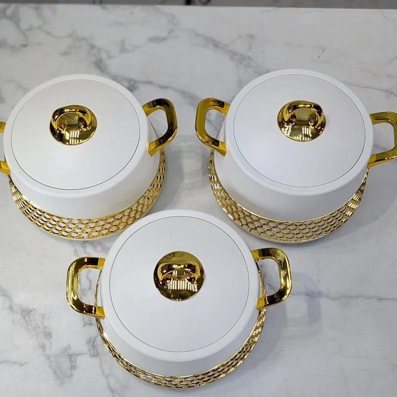 Premium Stainless Steel Gold Food Warmers Casserole Set – 3pcs Luxury Hotpots (2L, 2.5L, 3L) Food Warmers