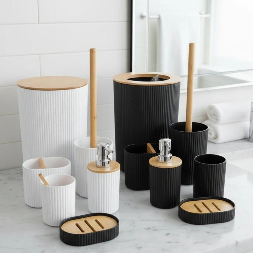 Bathroom Accessories Set 6pcs - White & Black Design Bathroom Accessory Sets