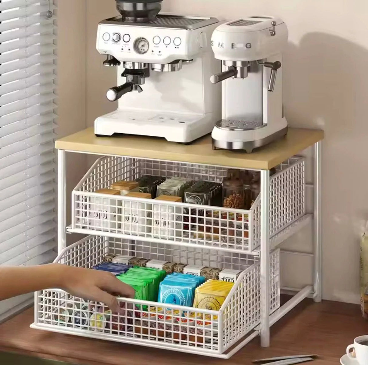 Space Saving Kitchen Countertop Storage Rack with Drawers and Metal Baskets Racks