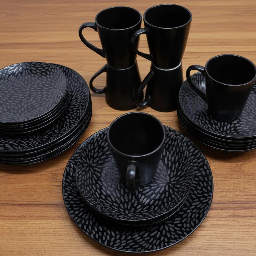 24-Piece Black Dinner Set – Cups, Bowls, Side Plates & Dinner Plates