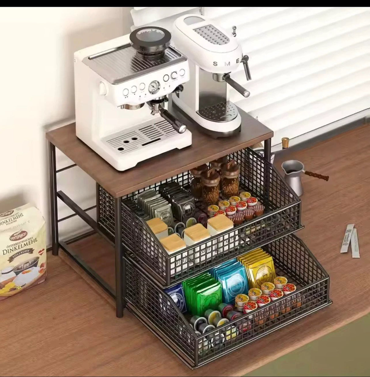 Space Saving Kitchen Countertop Storage Rack with Drawers and Metal Baskets Racks