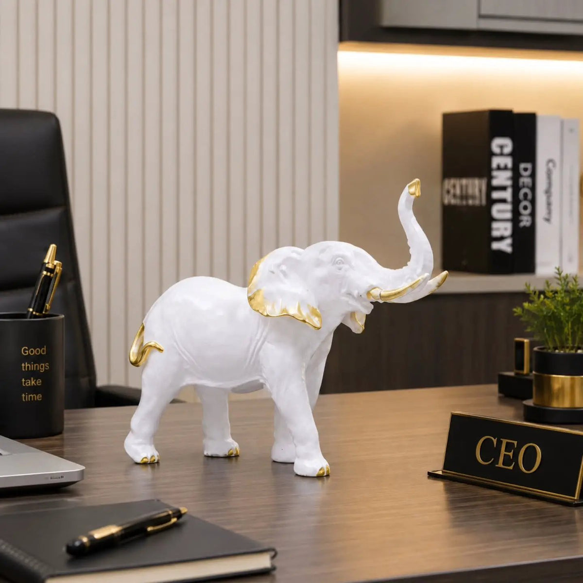 White & Gold Resin Elephant Statue Figurine Figurines