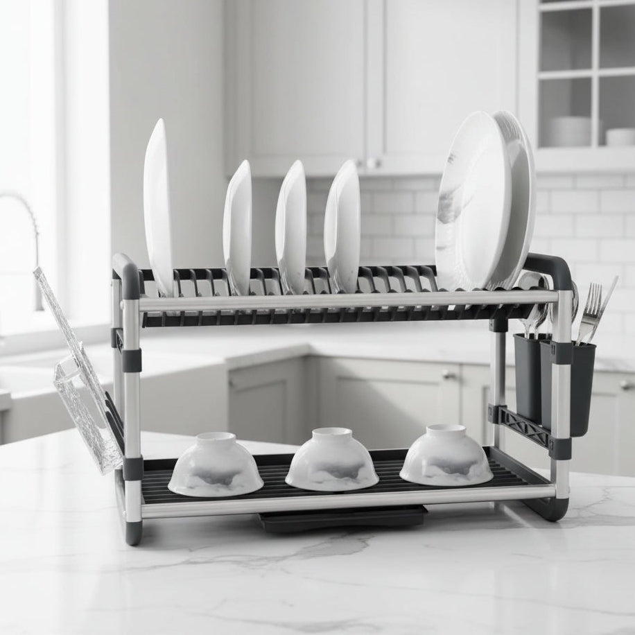 2 Tier Aluminium Dish Drying Rack – With Drainer Board, Utensil and Cup Holder Dish Racks