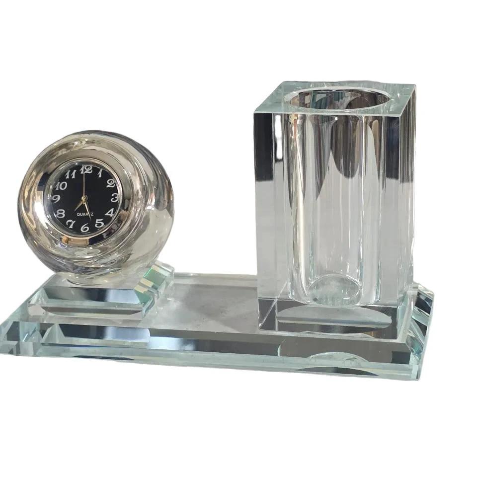 Crystal Glass Desktop Clock and Pen Holder Set Elegant Office Desk Accessory Desk Clocks