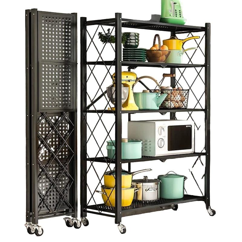 5-Tier Foldable Multipurpose Metal Rack with Shelves and Wheels Rack Bookcases & Shelves