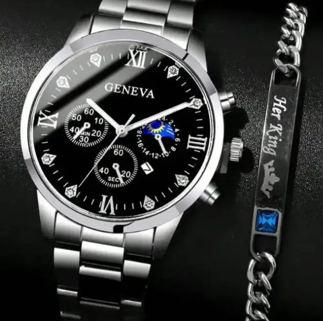 Men's 2 in 1 Geneva Watch & Bracelet Gift Set Jewelry Sets