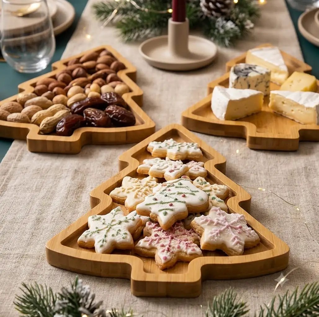 3-Piece Bamboo Christmas Tree Trays Serving Trays