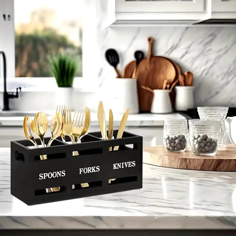 Three Compartment Matte Black Wooden Cutlery Holder Caddy Spoons Forks Knives Kitchen & Dining Utensil & Flatware Trays