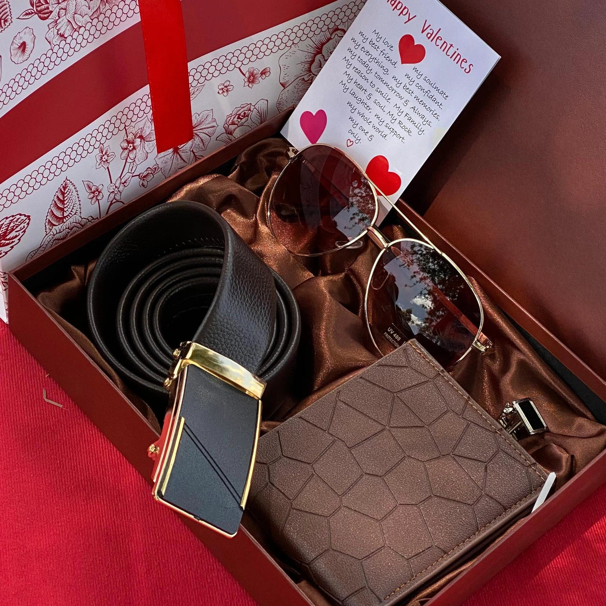 Valentines Men Gift Pack with Sunglasses Wallet Belt and Cufflinks Gift Giving