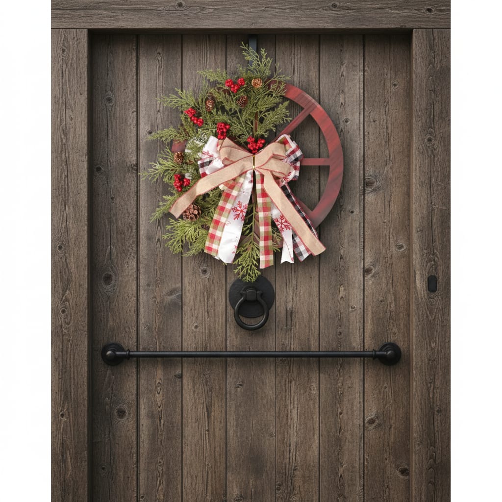 40cm Christmas Rustic Wagon Wheel Wreath – Festive Red, Green & Natural Tones