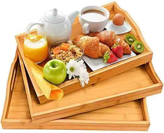3pcs Multi-Functional Bamboo Food Storage and Serving Trays with Handles – Wooden Kitchen Trays